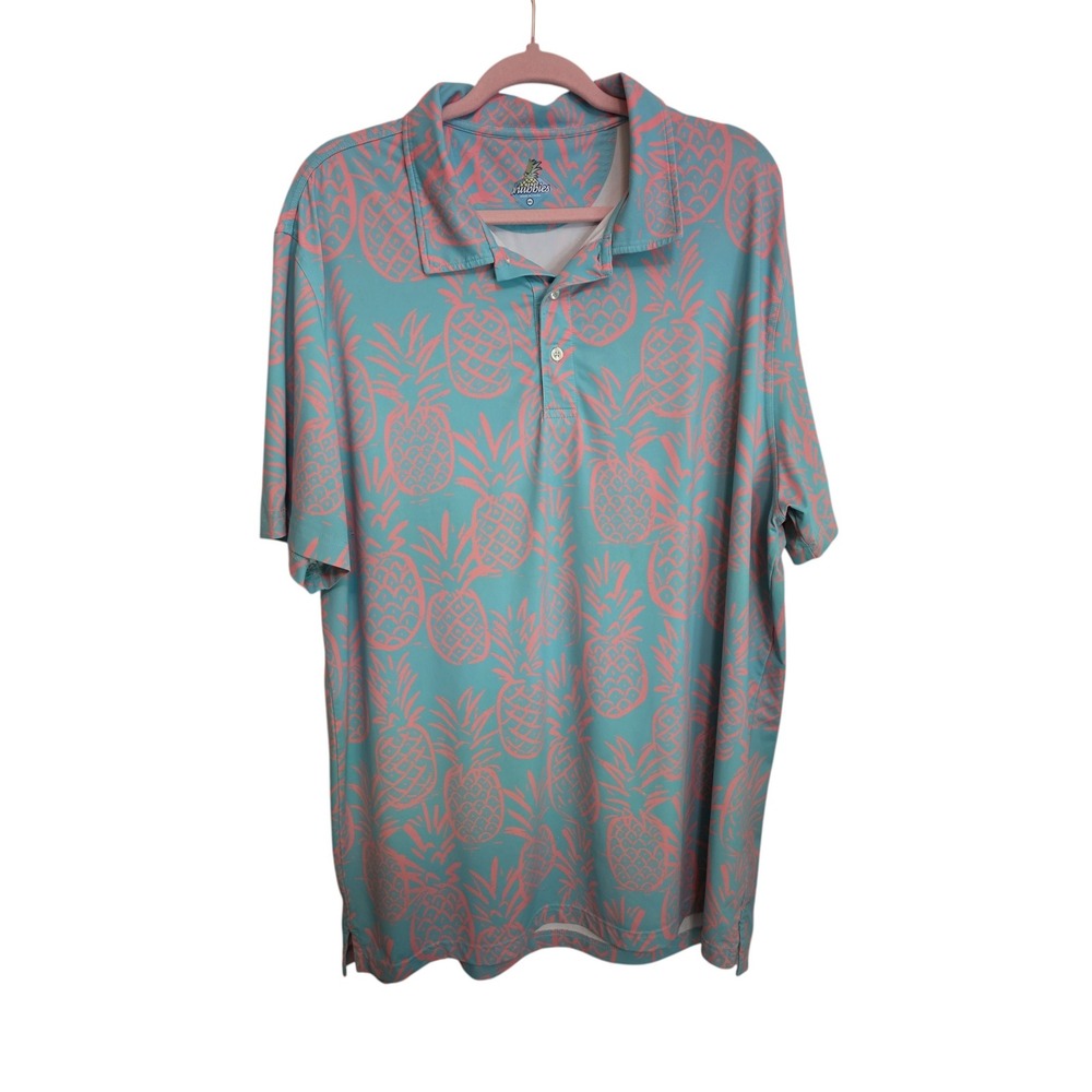 Chubbies Pineapple Print Performance Polo Shirt Men 2XL Aqua Pink Golf Casual‎